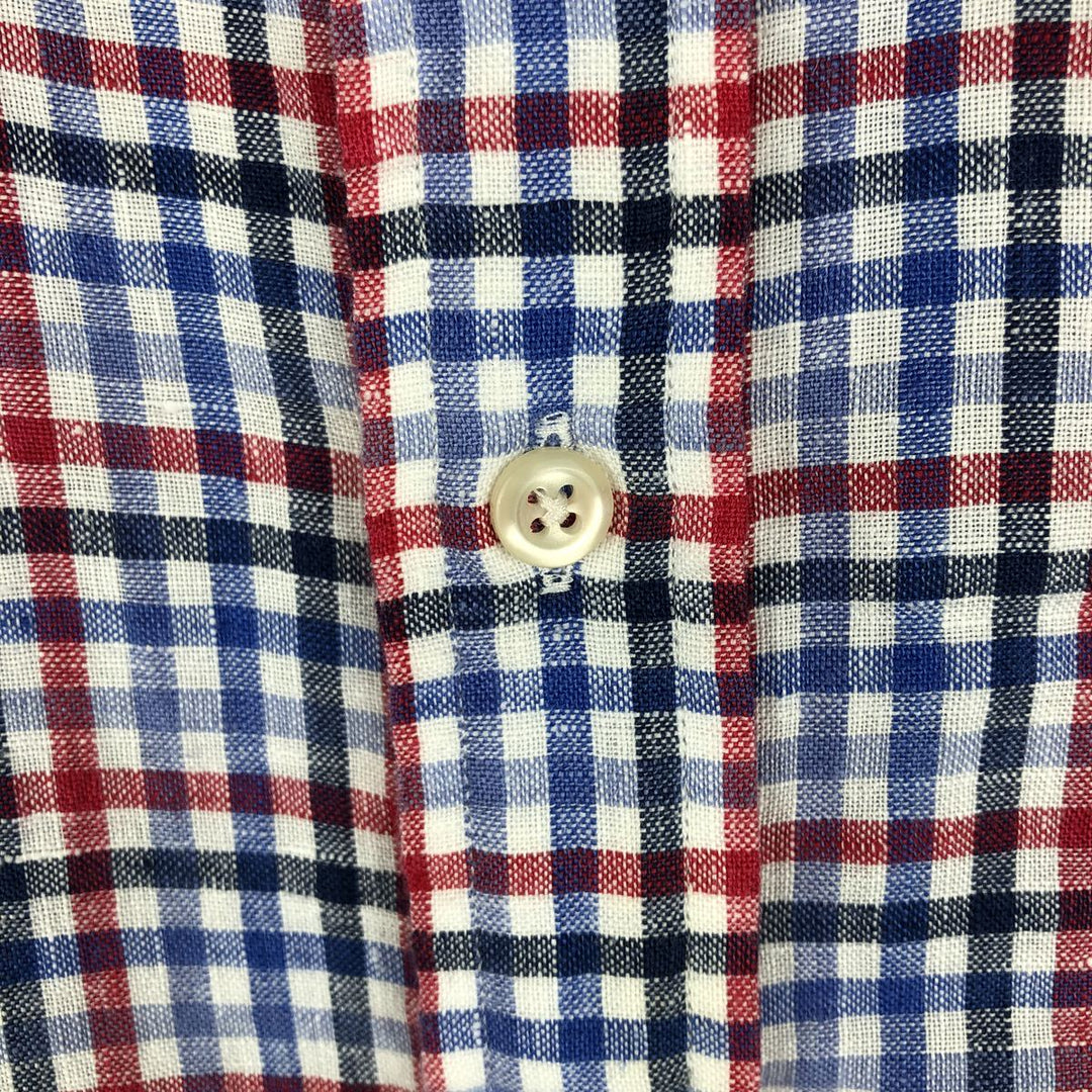 Ralph Lauren Check Pattern Short-Sleeve Linen Button-Down Shirt, Men's Size XL (approx.) linen blue type Vintage Second Hand