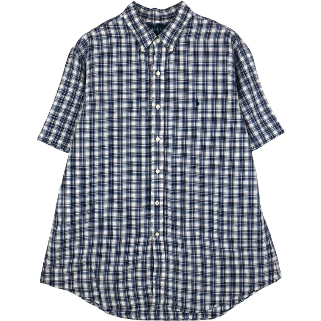 Ralph Lauren CUSTOM FIT Check Pattern Short Sleeve Linen Button Down Shirt Men's XL linen blue type Vintage Second Hand