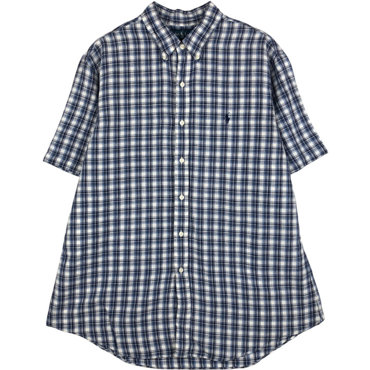 Ralph Lauren CUSTOM FIT Check Pattern Short Sleeve Linen Button Down Shirt Men's XL linen blue type Vintage Second Hand