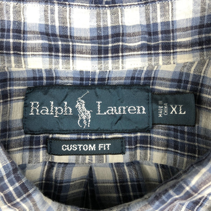 Ralph Lauren CUSTOM FIT Check Pattern Short Sleeve Linen Button Down Shirt Men's XL linen blue type Vintage Second Hand