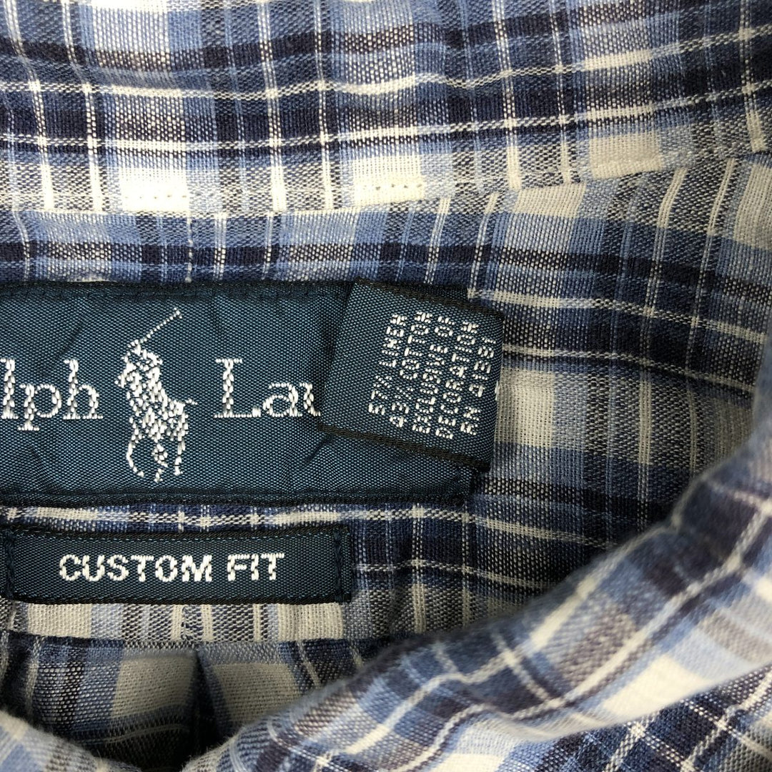 Ralph Lauren CUSTOM FIT Check Pattern Short Sleeve Linen Button Down Shirt Men's XL linen blue type Vintage Second Hand