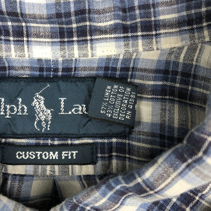 Ralph Lauren CUSTOM FIT Check Pattern Short Sleeve Linen Button Down Shirt Men's XL linen blue type Vintage Second Hand