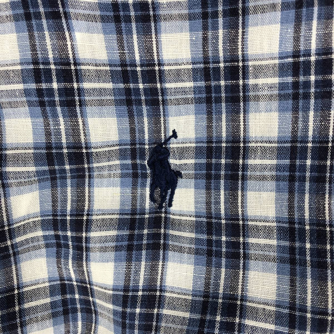 Ralph Lauren CUSTOM FIT Check Pattern Short Sleeve Linen Button Down Shirt Men's XL linen blue type Vintage Second Hand