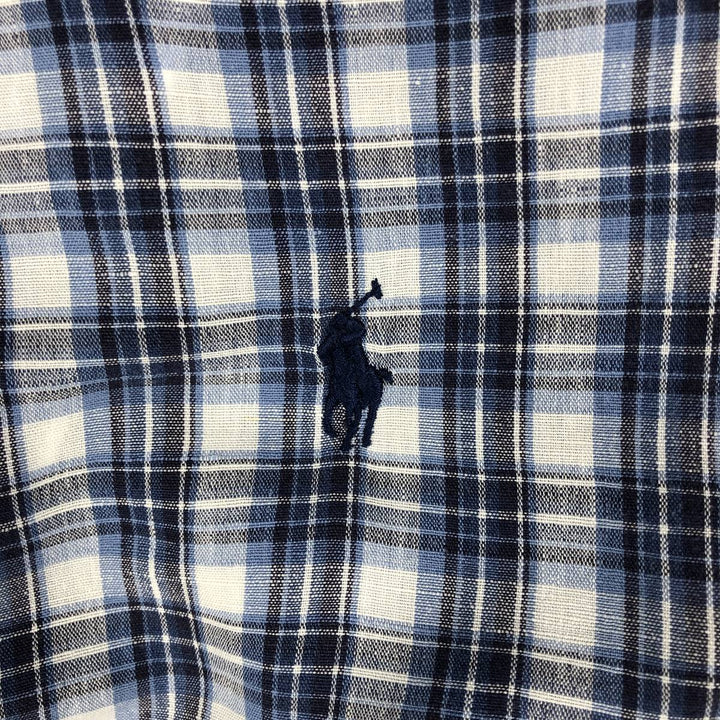 Ralph Lauren CUSTOM FIT Check Pattern Short Sleeve Linen Button Down Shirt Men's XL linen blue type Vintage Second Hand
