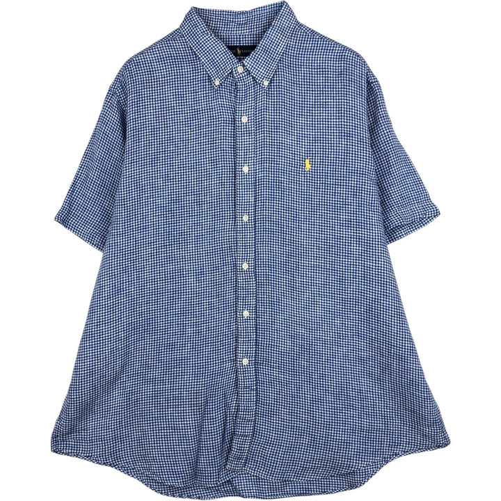 Ralph Lauren Check Pattern Gingham Check Short-Sleeve Linen Button-Down Shirt, Men's Size XXL (approx.) linen blue type Vintage Second Hand