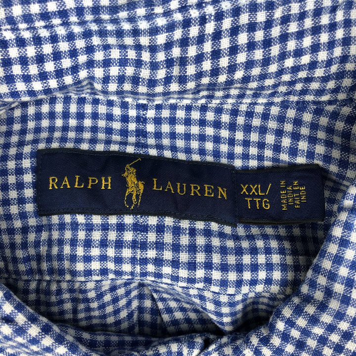 Ralph Lauren Check Pattern Gingham Check Short-Sleeve Linen Button-Down Shirt, Men's Size XXL (approx.) linen blue type Vintage Second Hand