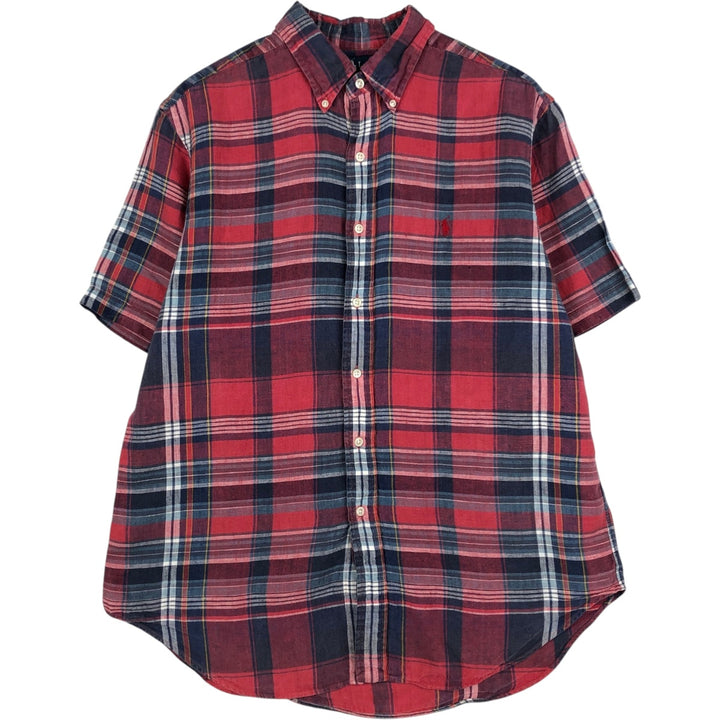 Ralph Lauren Classic Fit Check Pattern Short Sleeve Linen Button Down Shirt Men's Size L linen red type Vintage Second Hand