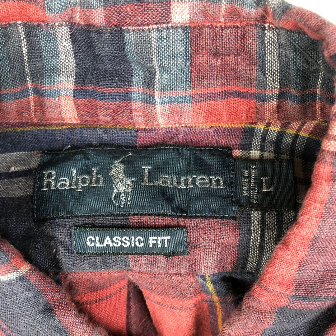 Ralph Lauren Classic Fit Check Pattern Short Sleeve Linen Button Down Shirt Men's Size L linen red type Vintage Second Hand