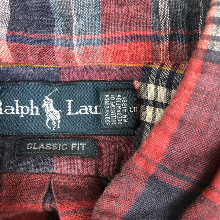 Ralph Lauren Classic Fit Check Pattern Short Sleeve Linen Button Down Shirt Men's Size L linen red type Vintage Second Hand