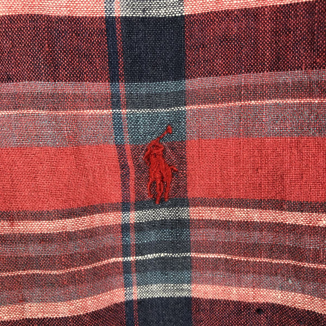 Ralph Lauren Classic Fit Check Pattern Short Sleeve Linen Button Down Shirt Men's Size L linen red type Vintage Second Hand