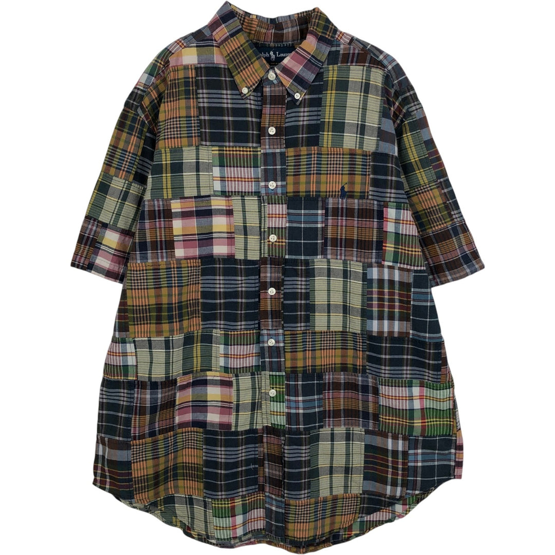 Ralph Lauren CLASSIC FIT Patchwork Short-Sleeve Button-Down Check Shirt, Men's Size XL (approx.) cotton navy blue type Vintage Second Hand