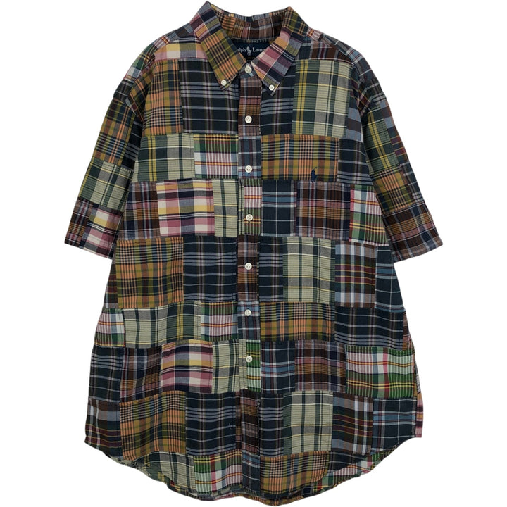 Ralph Lauren CLASSIC FIT Patchwork Short-Sleeve Button-Down Check Shirt, Men's Size XL (approx.) cotton navy blue type Vintage Second Hand