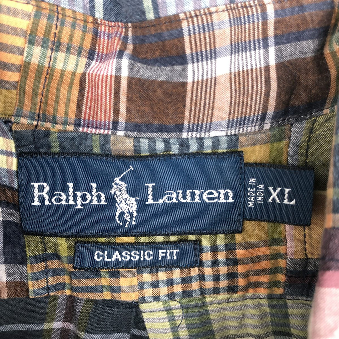 Ralph Lauren CLASSIC FIT Patchwork Short-Sleeve Button-Down Check Shirt, Men's Size XL (approx.) cotton navy blue type Vintage Second Hand