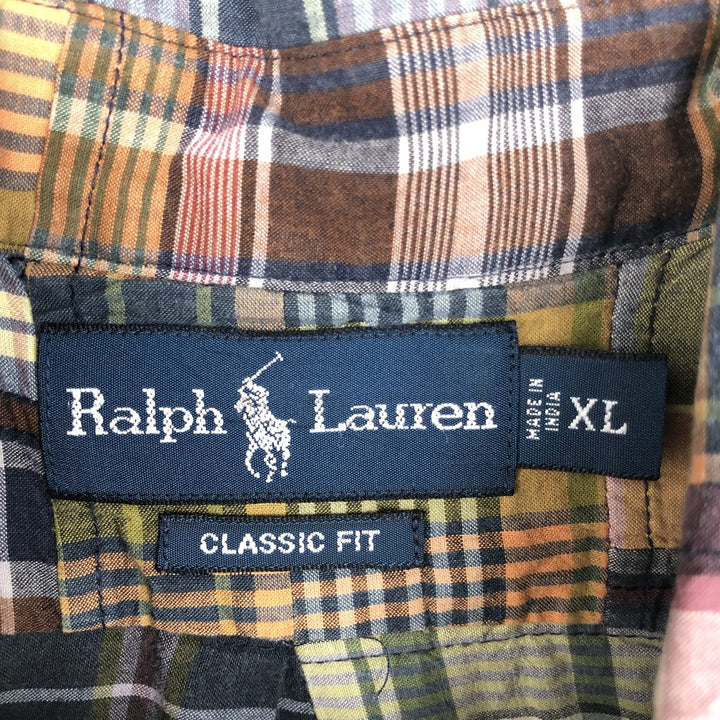 Ralph Lauren CLASSIC FIT Patchwork Short-Sleeve Button-Down Check Shirt, Men's Size XL (approx.) cotton navy blue type Vintage Second Hand