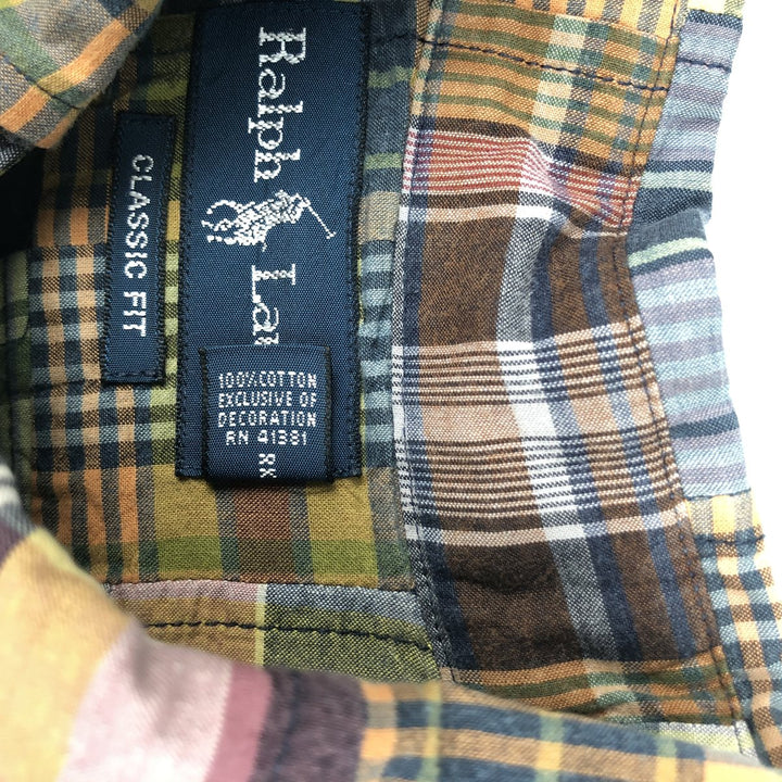 Ralph Lauren CLASSIC FIT Patchwork Short-Sleeve Button-Down Check Shirt, Men's Size XL (approx.) cotton navy blue type Vintage Second Hand