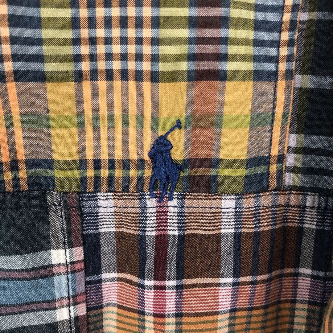 Ralph Lauren CLASSIC FIT Patchwork Short-Sleeve Button-Down Check Shirt, Men's Size XL (approx.) cotton navy blue type Vintage Second Hand