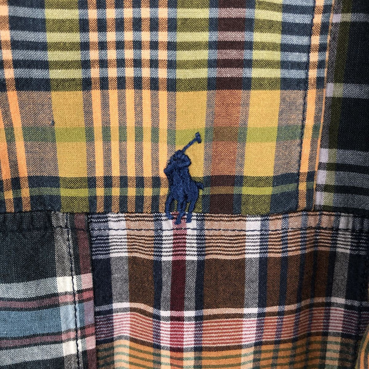 Ralph Lauren CLASSIC FIT Patchwork Short-Sleeve Button-Down Check Shirt, Men's Size XL (approx.) cotton navy blue type Vintage Second Hand