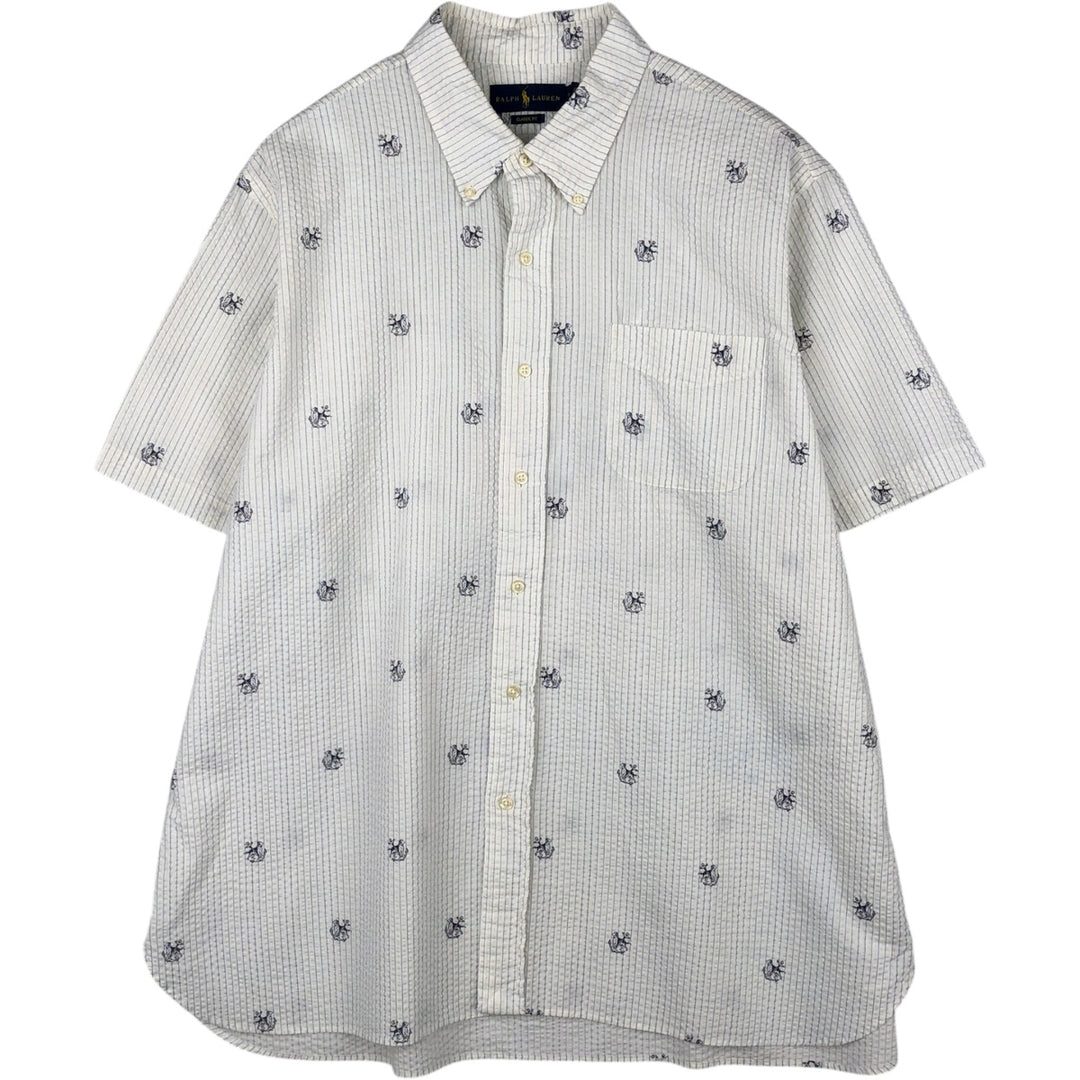 Ralph Lauren Classic Fit Stripe Pattern Seersucker Short-Sleeve Button-Down Stripe Shirt (Men's XXL equivalent) cotton white type Vintage Second Hand