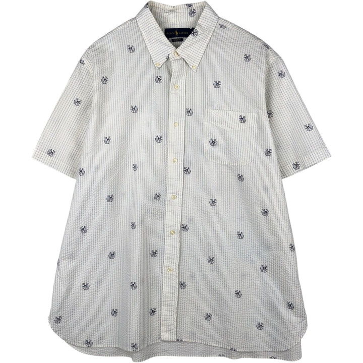 Ralph Lauren Classic Fit Stripe Pattern Seersucker Short-Sleeve Button-Down Stripe Shirt (Men's XXL equivalent) cotton white type Vintage Second Hand