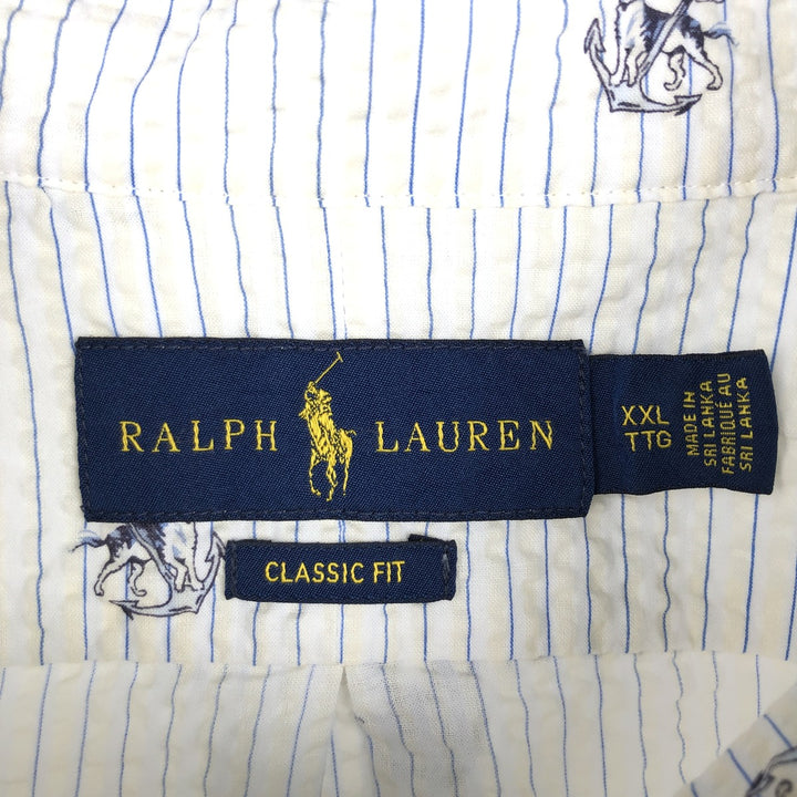 Ralph Lauren Classic Fit Stripe Pattern Seersucker Short-Sleeve Button-Down Stripe Shirt (Men's XXL equivalent) cotton white type Vintage Second Hand