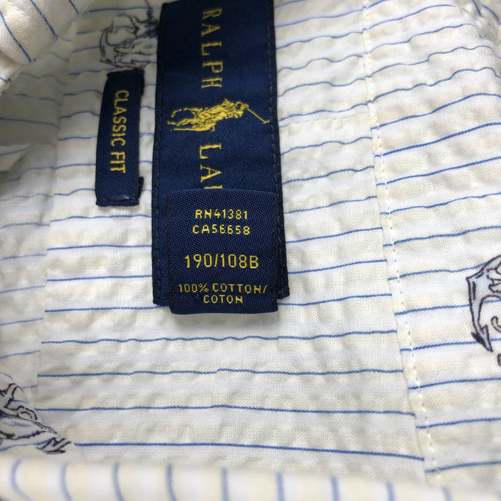 Ralph Lauren Classic Fit Stripe Pattern Seersucker Short-Sleeve Button-Down Stripe Shirt (Men's XXL equivalent) cotton white type Vintage Second Hand