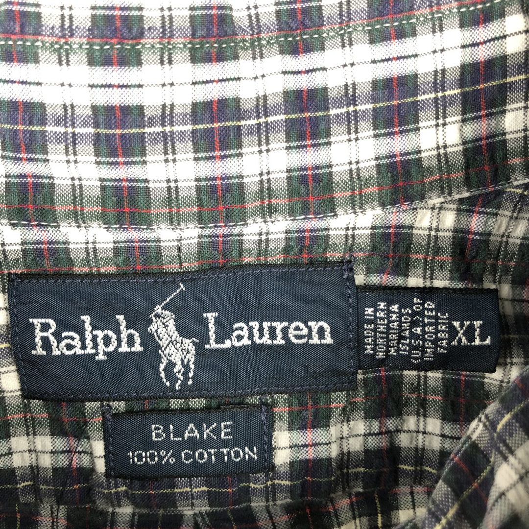Ralph Lauren BLAKE Seersucker Short-Sleeve Button-Down Check Shirt, Men's Size XL (approx.) cotton navy blue type Vintage Second Hand