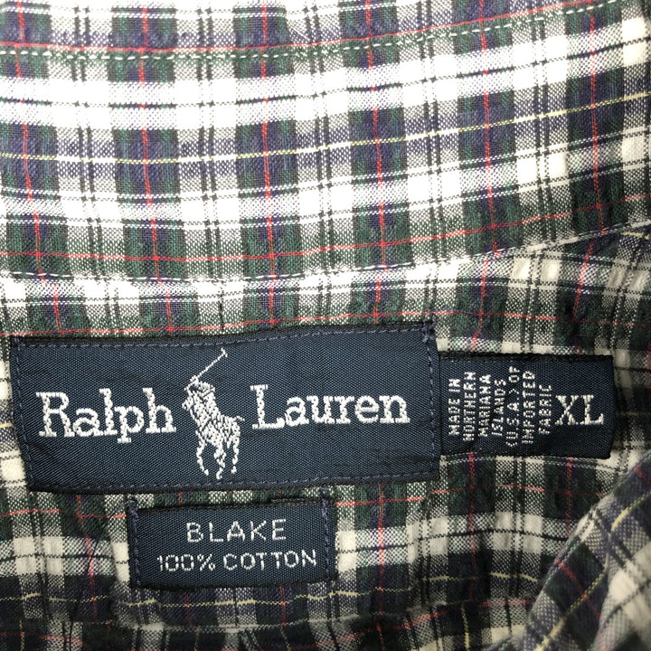 Ralph Lauren BLAKE Seersucker Short-Sleeve Button-Down Check Shirt, Men's Size XL (approx.) cotton navy blue type Vintage Second Hand