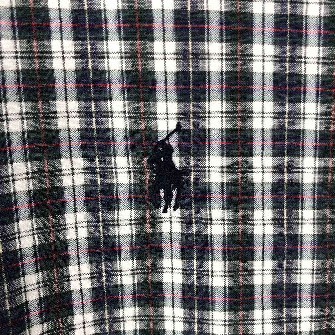 Ralph Lauren BLAKE Seersucker Short-Sleeve Button-Down Check Shirt, Men's Size XL (approx.) cotton navy blue type Vintage Second Hand