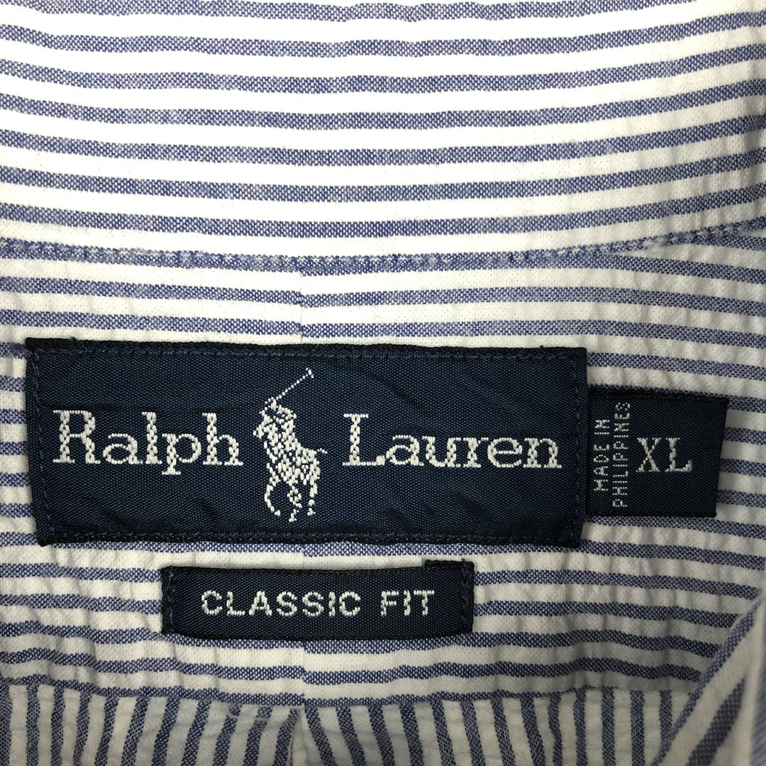 Ralph Lauren CLASSIC FIT Classic Fit Seersucker Short Sleeve Button Down Striped Shirt Men's XL cotton navy blue type Vintage Second Hand