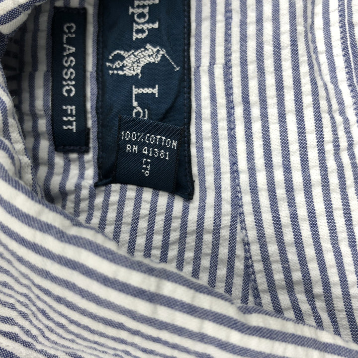 Ralph Lauren CLASSIC FIT Classic Fit Seersucker Short Sleeve Button Down Striped Shirt Men's XL cotton navy blue type Vintage Second Hand