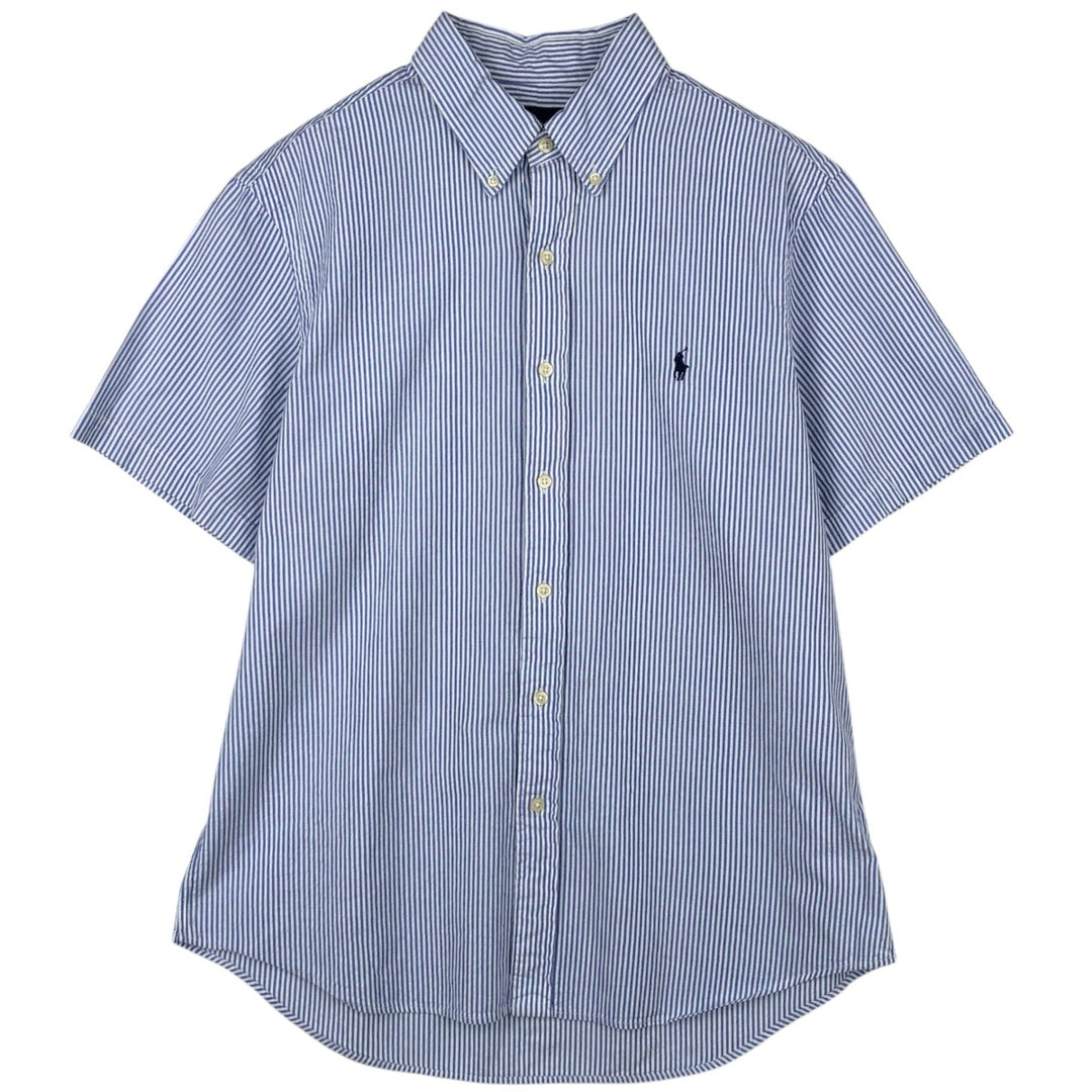 Ralph Lauren Seersucker Short Sleeve Button-Down Striped Shirt, Men's Size L cotton blue type Vintage Second Hand
