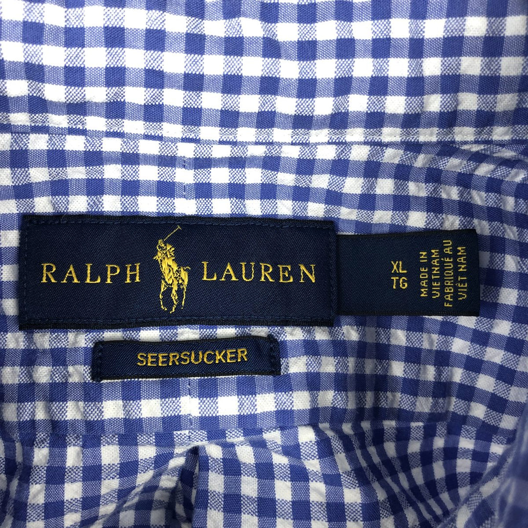 Ralph Lauren gingham check seersucker short-sleeved button-down check shirt, men's size XL (approx.) cotton blue type Vintage Second Hand