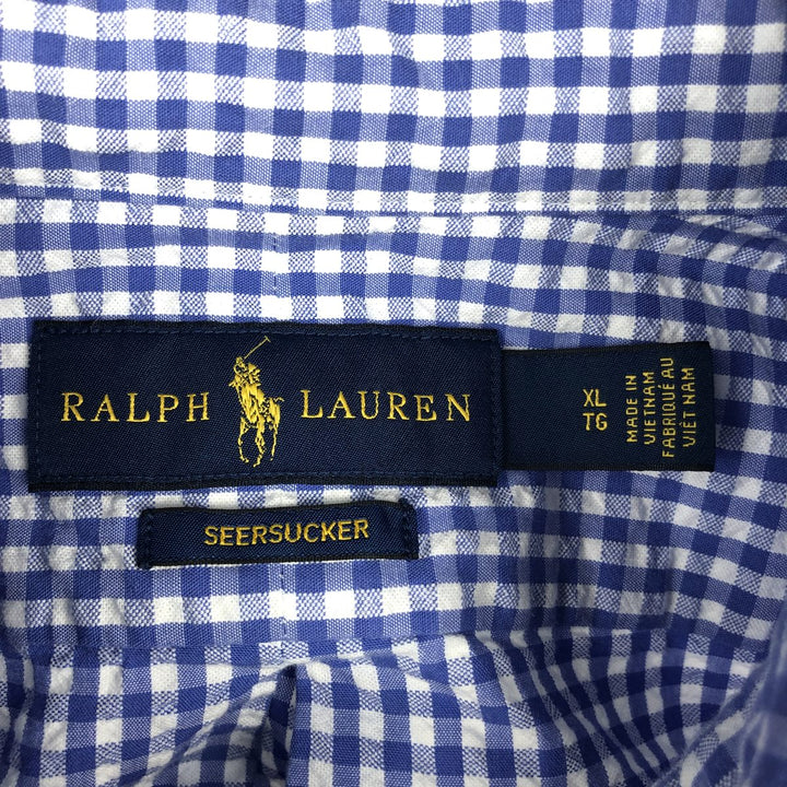 Ralph Lauren gingham check seersucker short-sleeved button-down check shirt, men's size XL (approx.) cotton blue type Vintage Second Hand