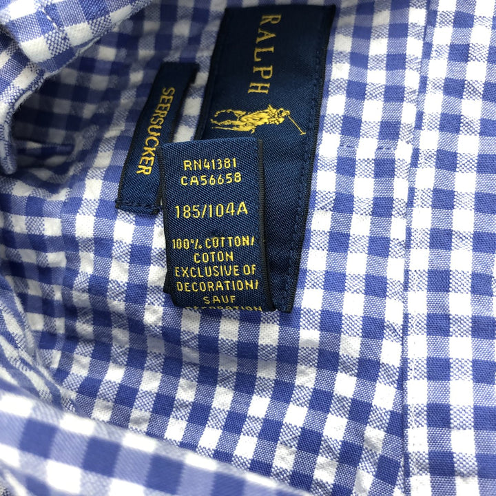 Ralph Lauren gingham check seersucker short-sleeved button-down check shirt, men's size XL (approx.) cotton blue type Vintage Second Hand