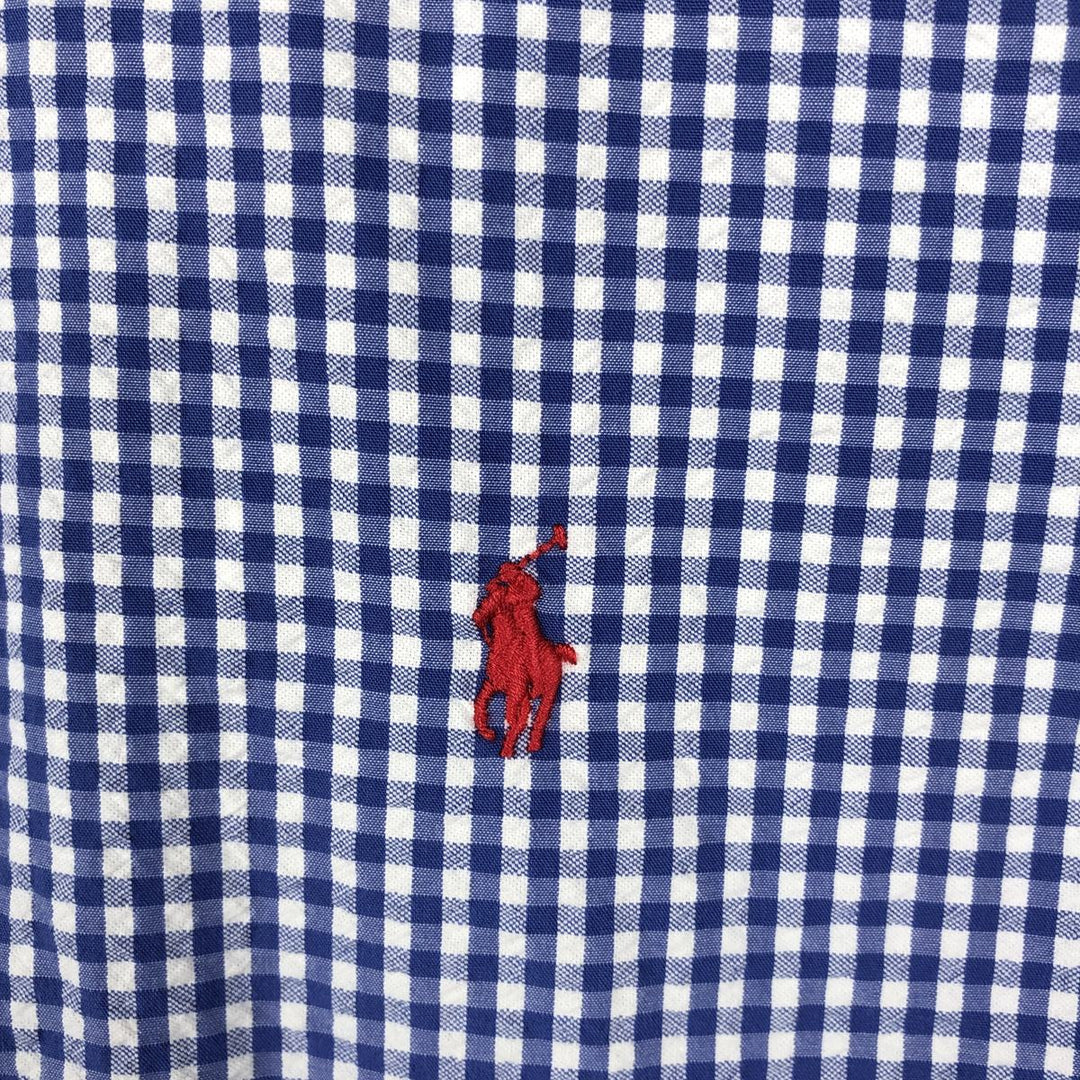 Ralph Lauren gingham check seersucker short-sleeved button-down check shirt, men's size XL (approx.) cotton blue type Vintage Second Hand