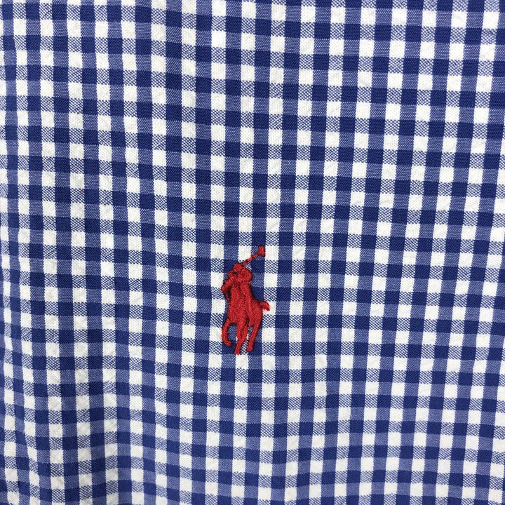Ralph Lauren gingham check seersucker short-sleeved button-down check shirt, men's size XL (approx.) cotton blue type Vintage Second Hand