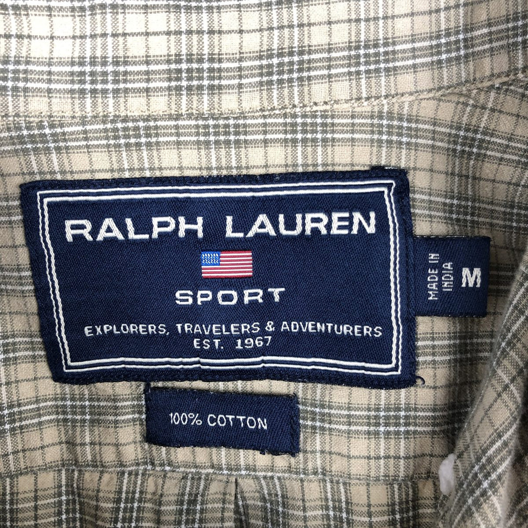 1990'S Ralph Lauren RALPH LAUREN SPORT Short-Sleeve Button-Down Check Shirt, Men's Size M (approx.), Vintage cotton Khaki type beige Vintage Second Hand