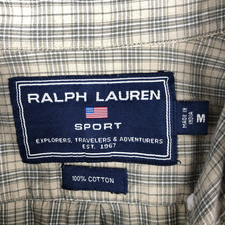 1990'S Ralph Lauren RALPH LAUREN SPORT Short-Sleeve Button-Down Check Shirt, Men's Size M (approx.), Vintage cotton Khaki type beige Vintage Second Hand