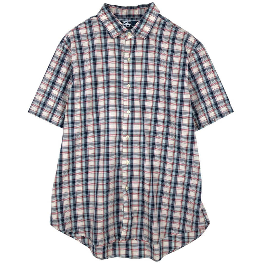 Ralph Lauren POLO by Ralph Lauren BRADFORD CUSTOM FIT Wide Collar Short Sleeve Cotton Check Shirt (Men's XL equivalent) cotton navy blue type Vintage Second Hand