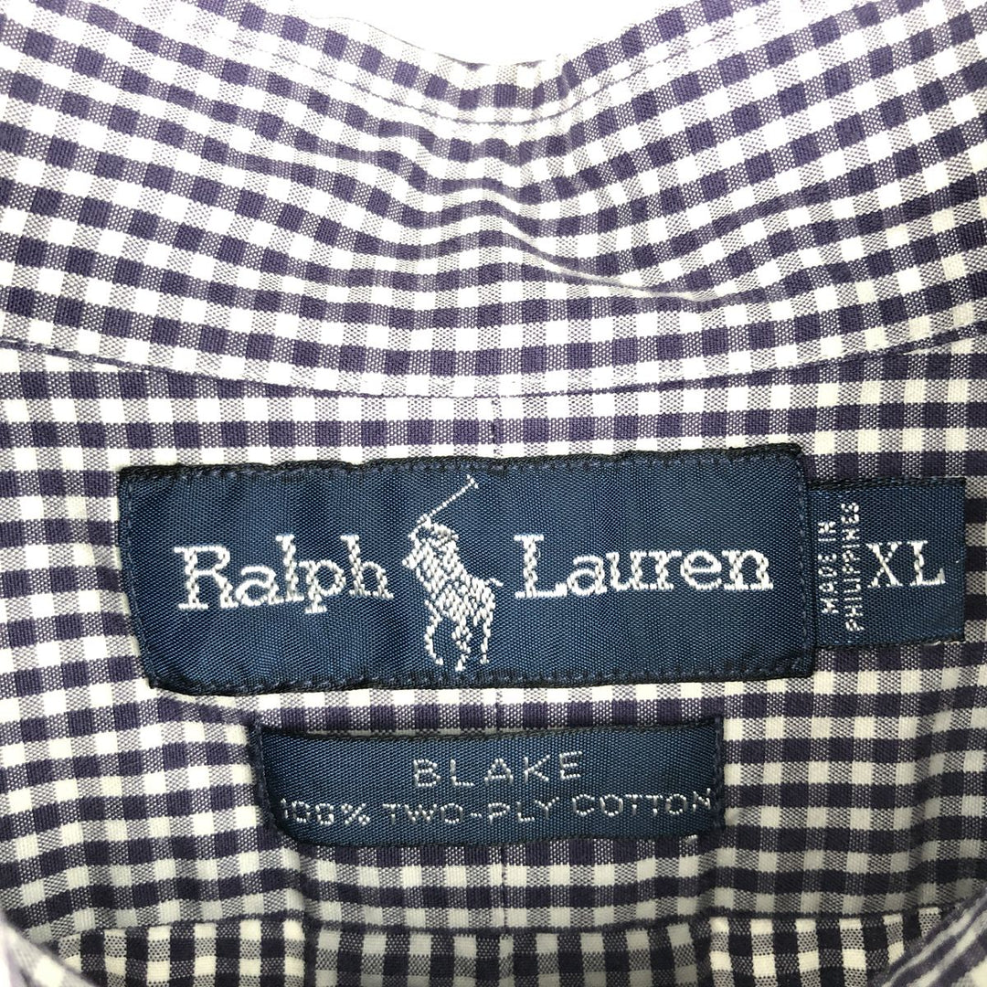 Ralph Lauren BLAKE Gingham Check Short Sleeve Button Down Check Shirt Men's XL cotton Purple type blue-purple Vintage Second Hand