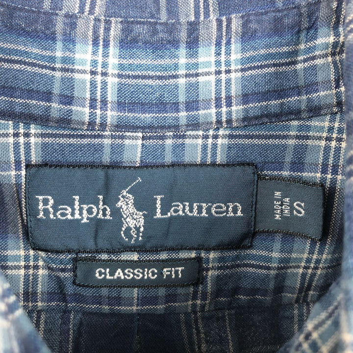 Ralph Lauren CLASSIC FIT short-sleeved button-down check shirt, men's size S (approx.) cotton blue type Vintage Second Hand