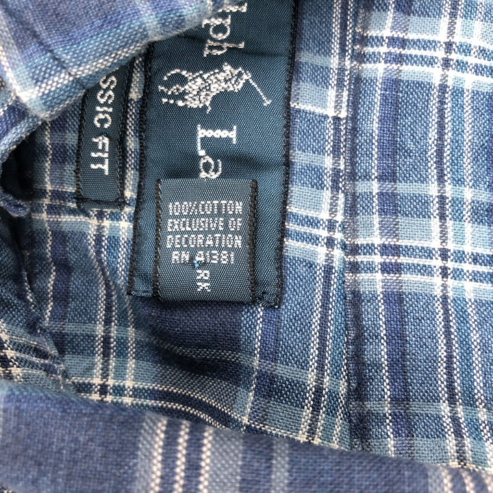 Ralph Lauren CLASSIC FIT short-sleeved button-down check shirt, men's size S (approx.) cotton blue type Vintage Second Hand
