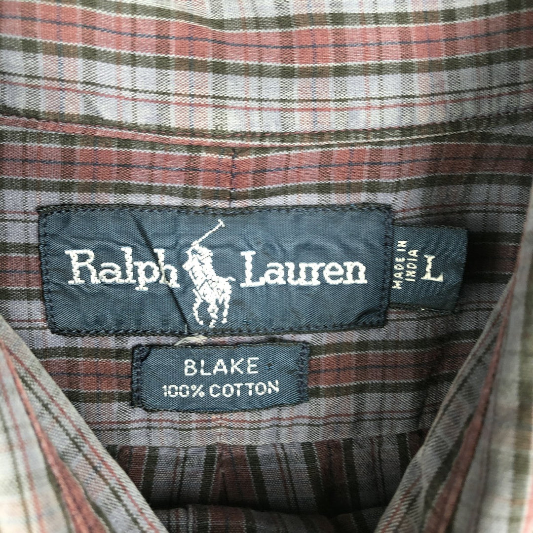 Ralph Lauren BLAKE short sleeve button down check shirt, men's size L cotton purple type Vintage Second Hand