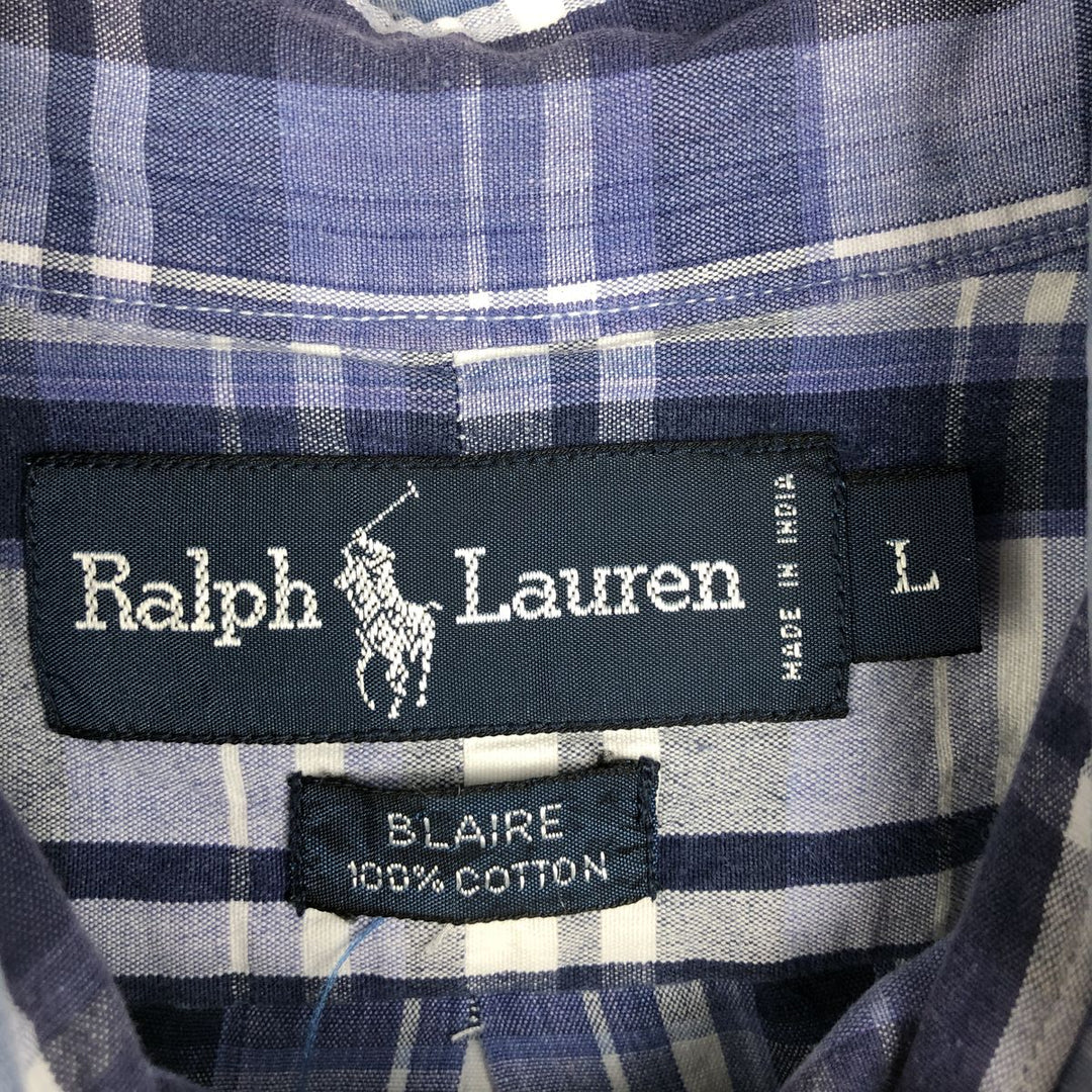 Ralph Lauren BLAIRE short sleeve button down check shirt, men's size L cotton blue type Vintage Second Hand