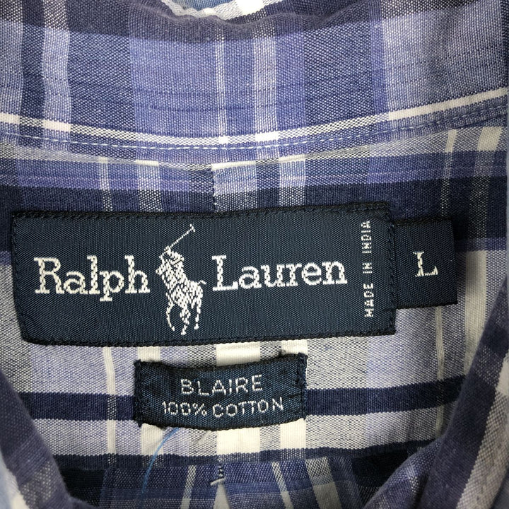 Ralph Lauren BLAIRE short sleeve button down check shirt, men's size L cotton blue type Vintage Second Hand