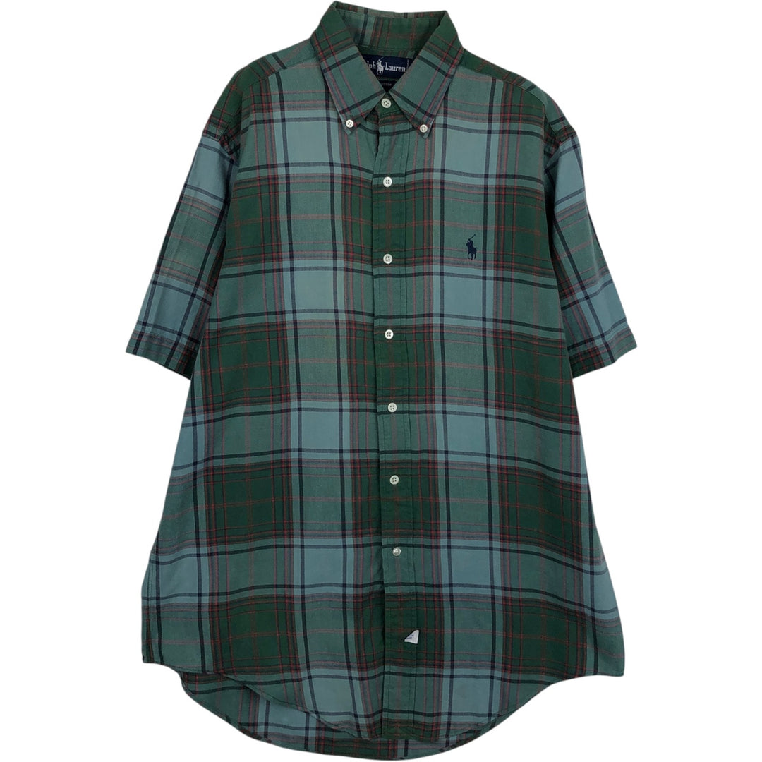 Ralph Lauren short sleeve button down check shirt, men's size M cotton Khaki type sage green Vintage Second Hand
