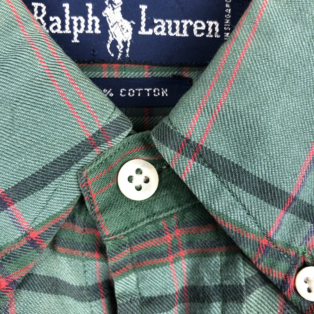 Ralph Lauren short sleeve button down check shirt, men's size M cotton Khaki type sage green Vintage Second Hand