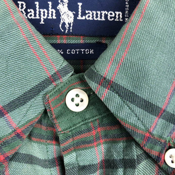 Ralph Lauren short sleeve button down check shirt, men's size M cotton Khaki type sage green Vintage Second Hand