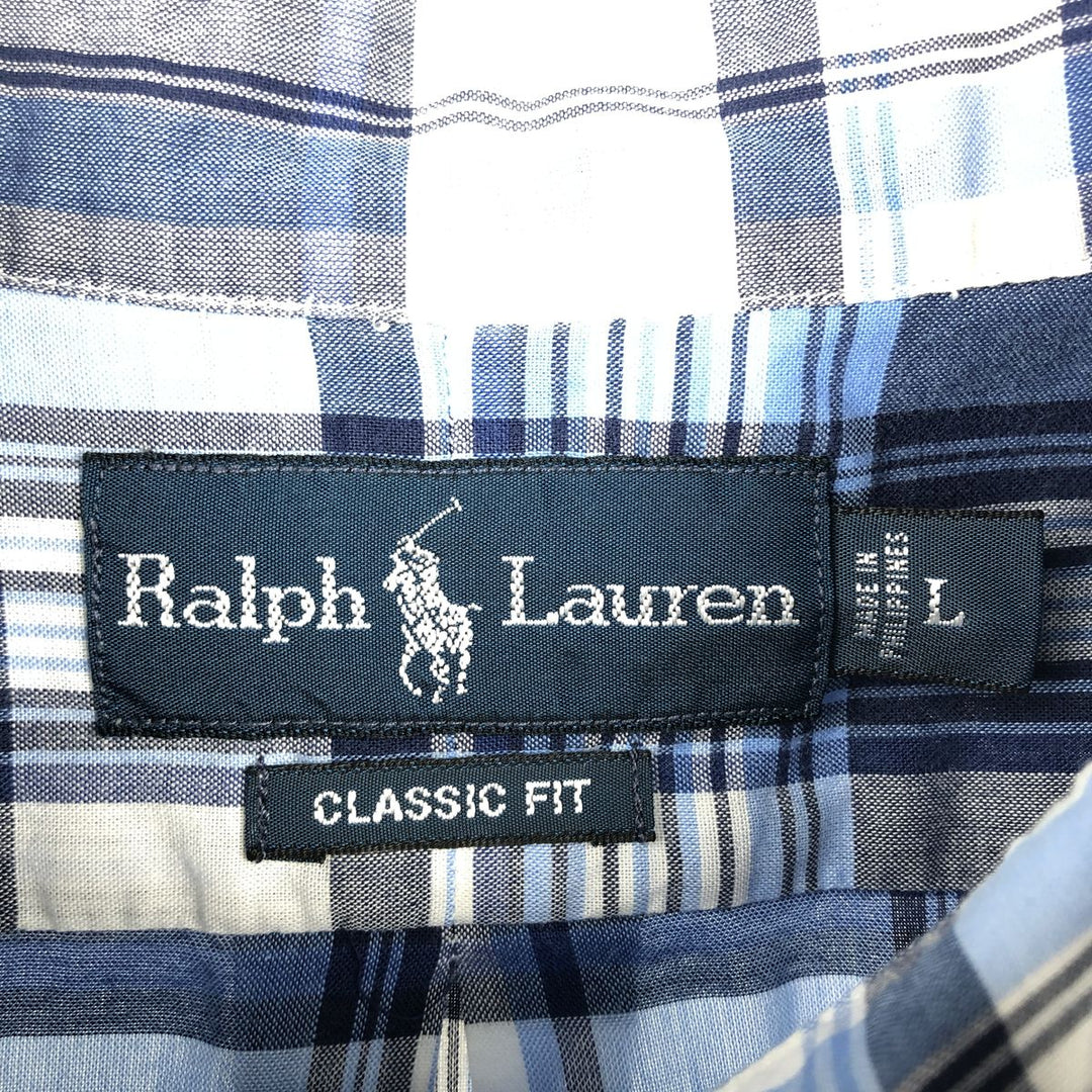 Ralph Lauren Classic Fit short sleeve button down check shirt, men's size L cotton Blue type light blue Vintage Second Hand