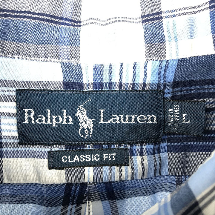 Ralph Lauren Classic Fit short sleeve button down check shirt, men's size L cotton Blue type light blue Vintage Second Hand